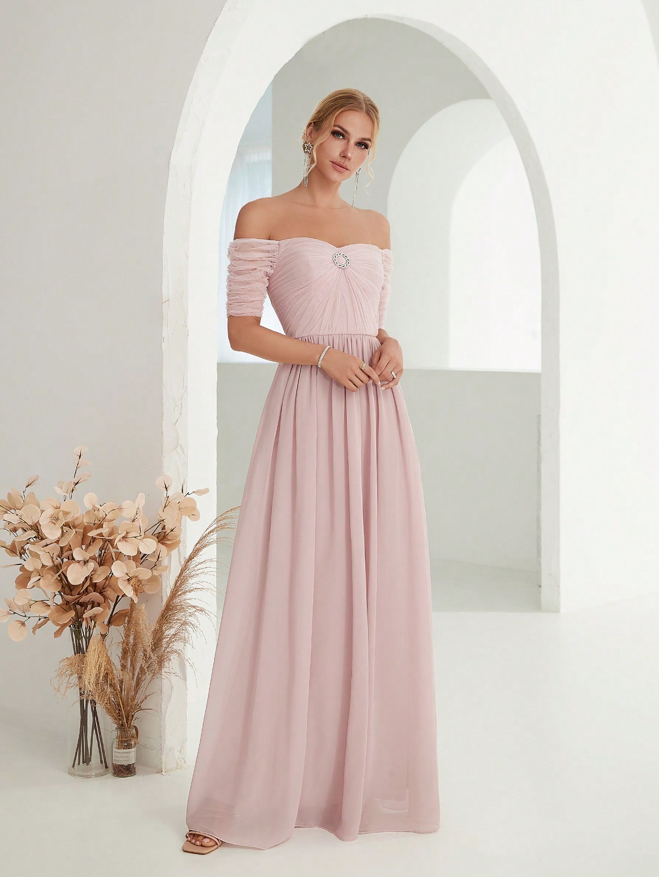 Leely Elegant Off The Shoulder Short Sleeve Chiffon Party Dress