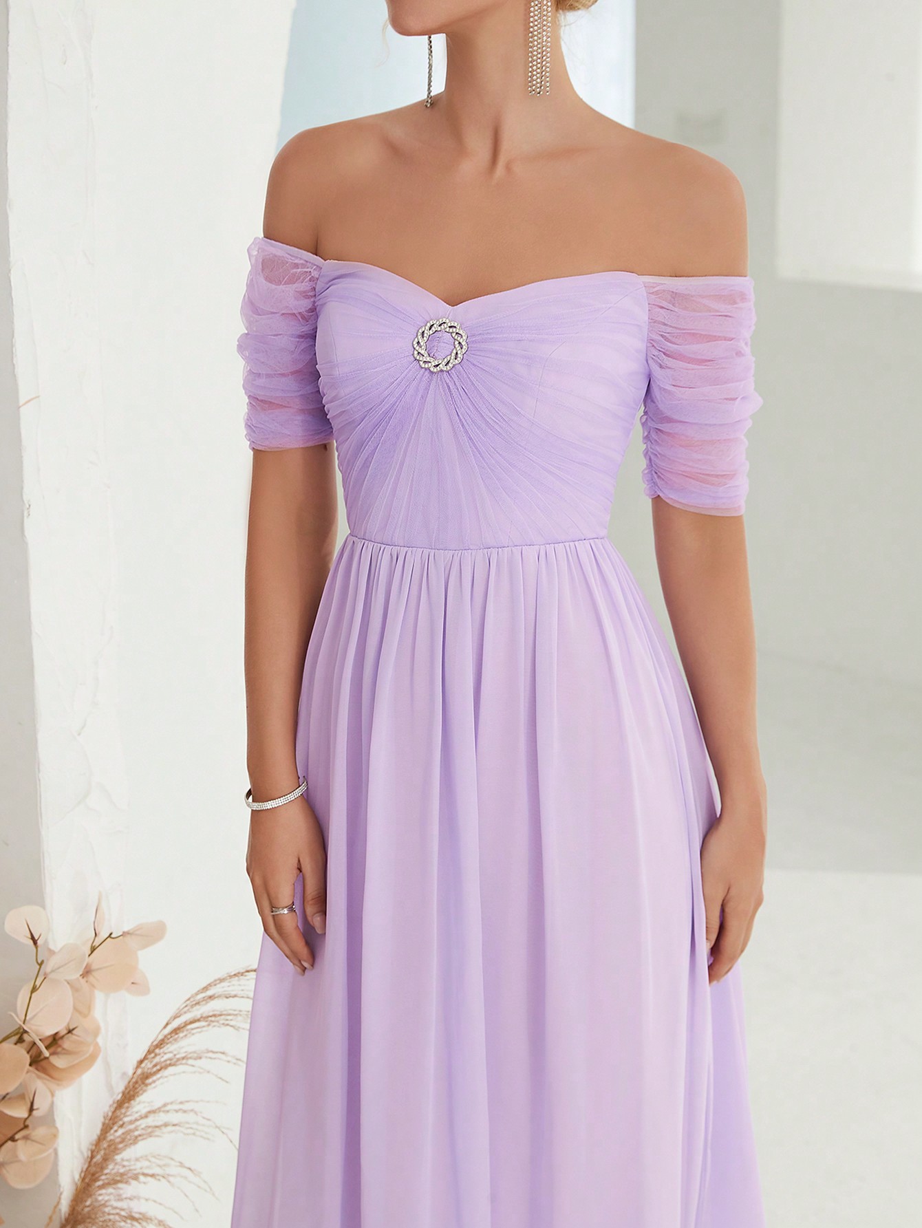Leely Elegant Off The Shoulder Short Sleeve Chiffon Party Dress