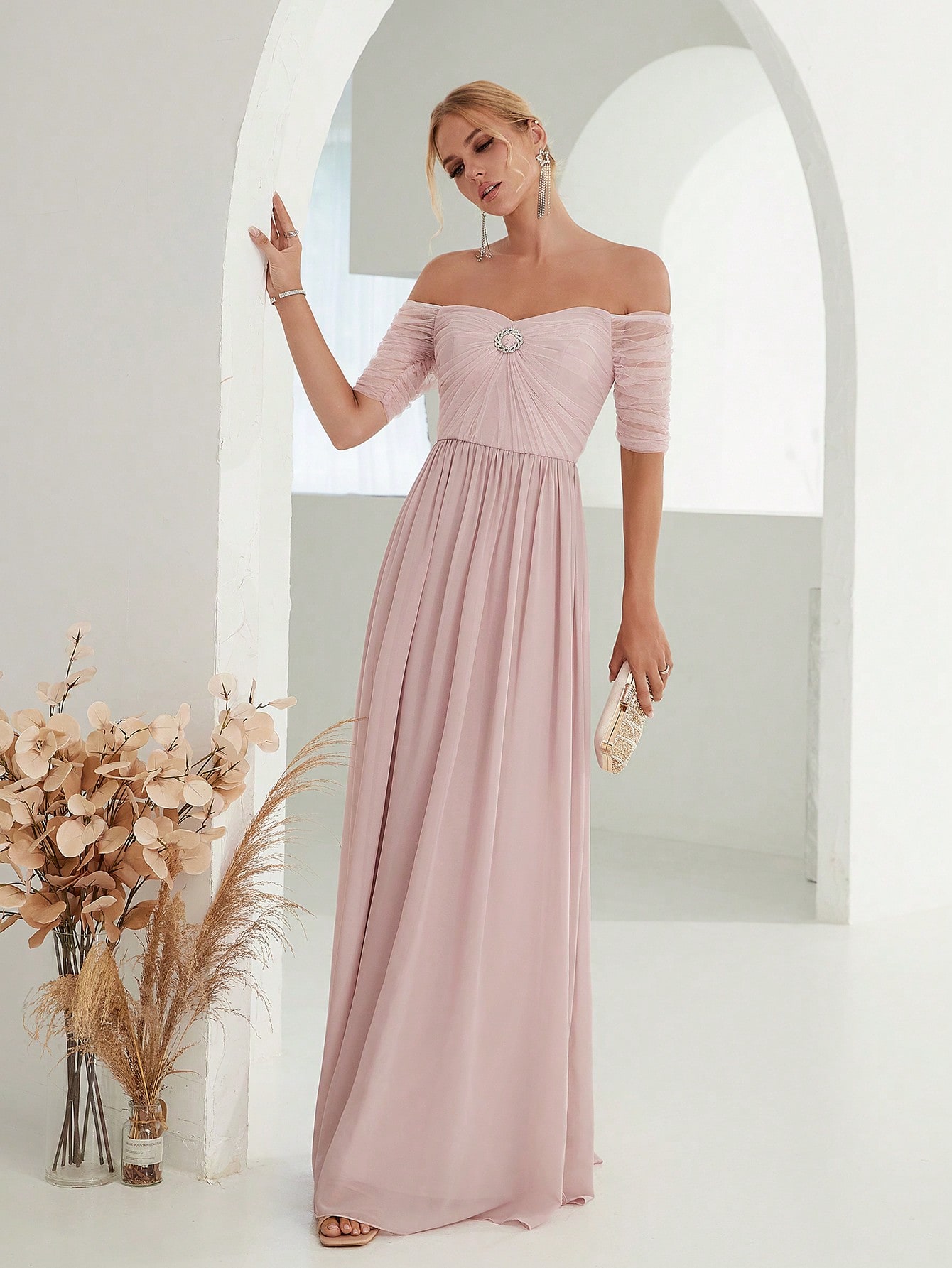 Leely Elegant Off The Shoulder Short Sleeve Chiffon Party Dress