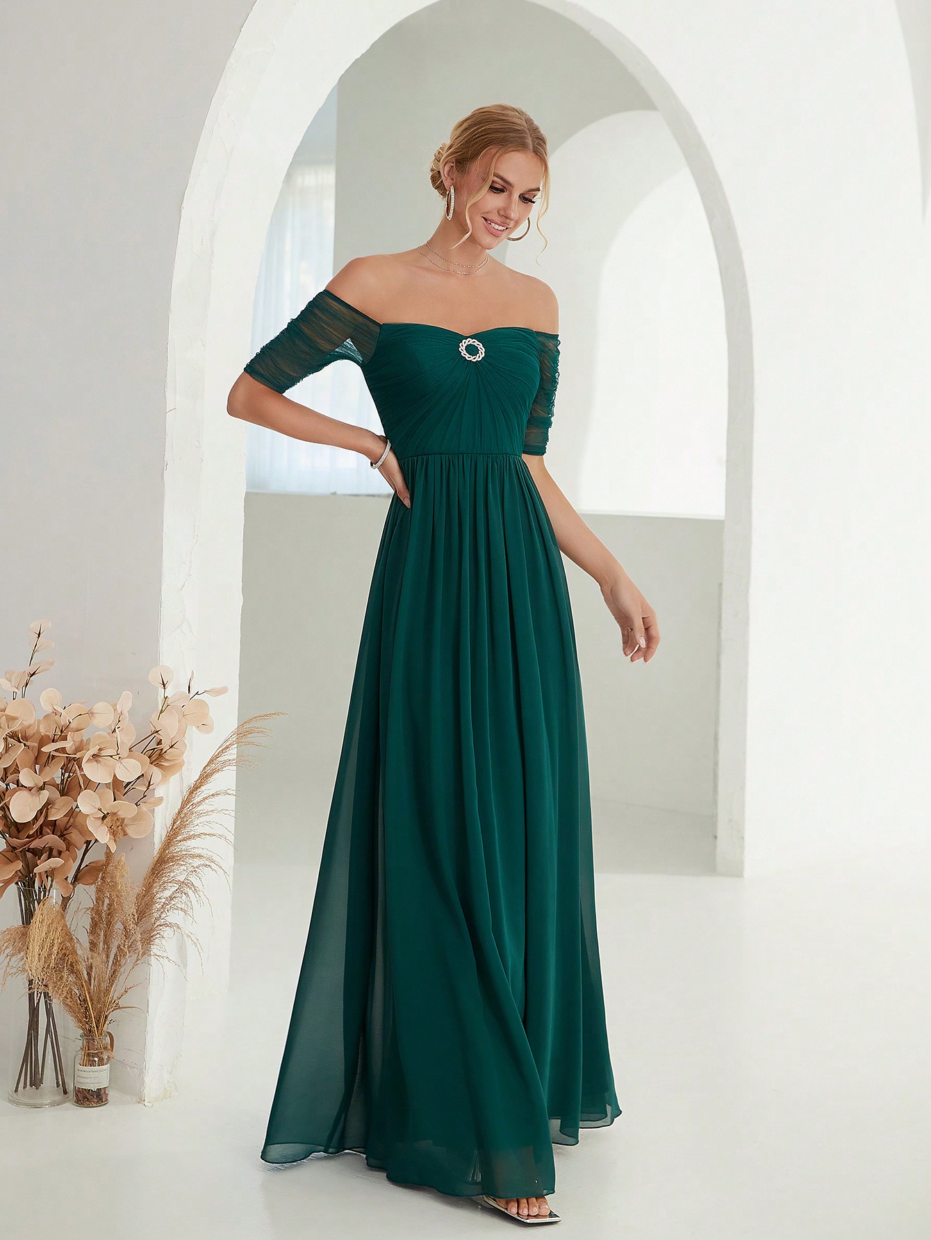 Leely Elegant Off The Shoulder Short Sleeve Chiffon Party Dress