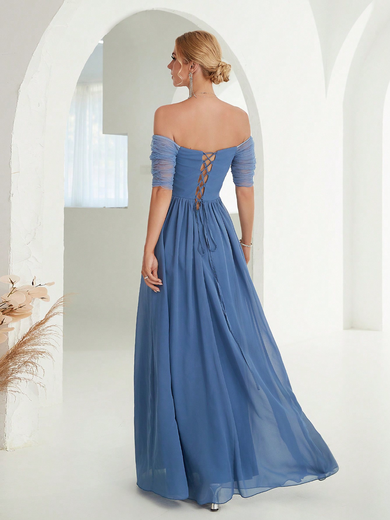 Leely Elegant Off The Shoulder Short Sleeve Chiffon Party Dress