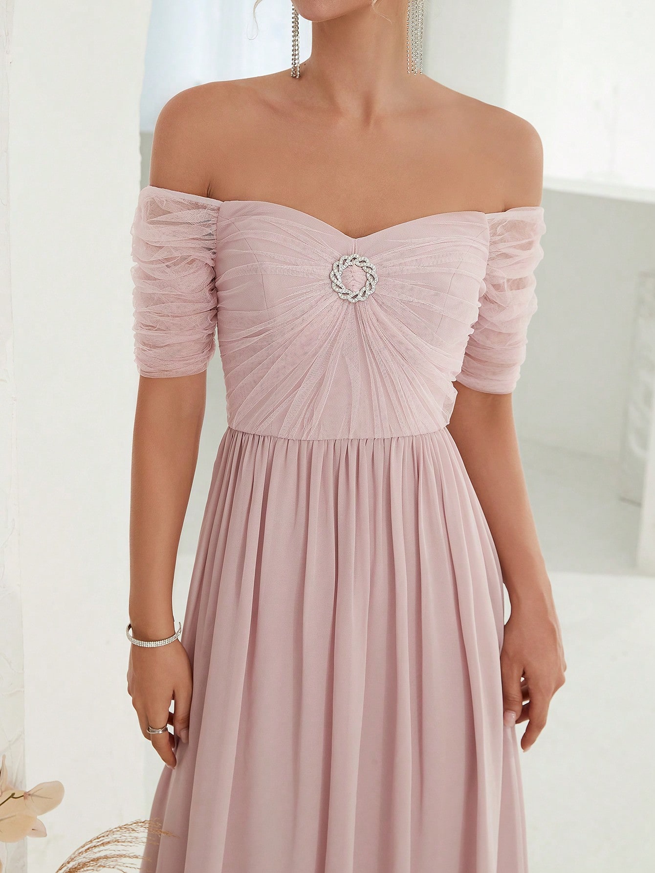 Leely Elegant Off The Shoulder Short Sleeve Chiffon Party Dress