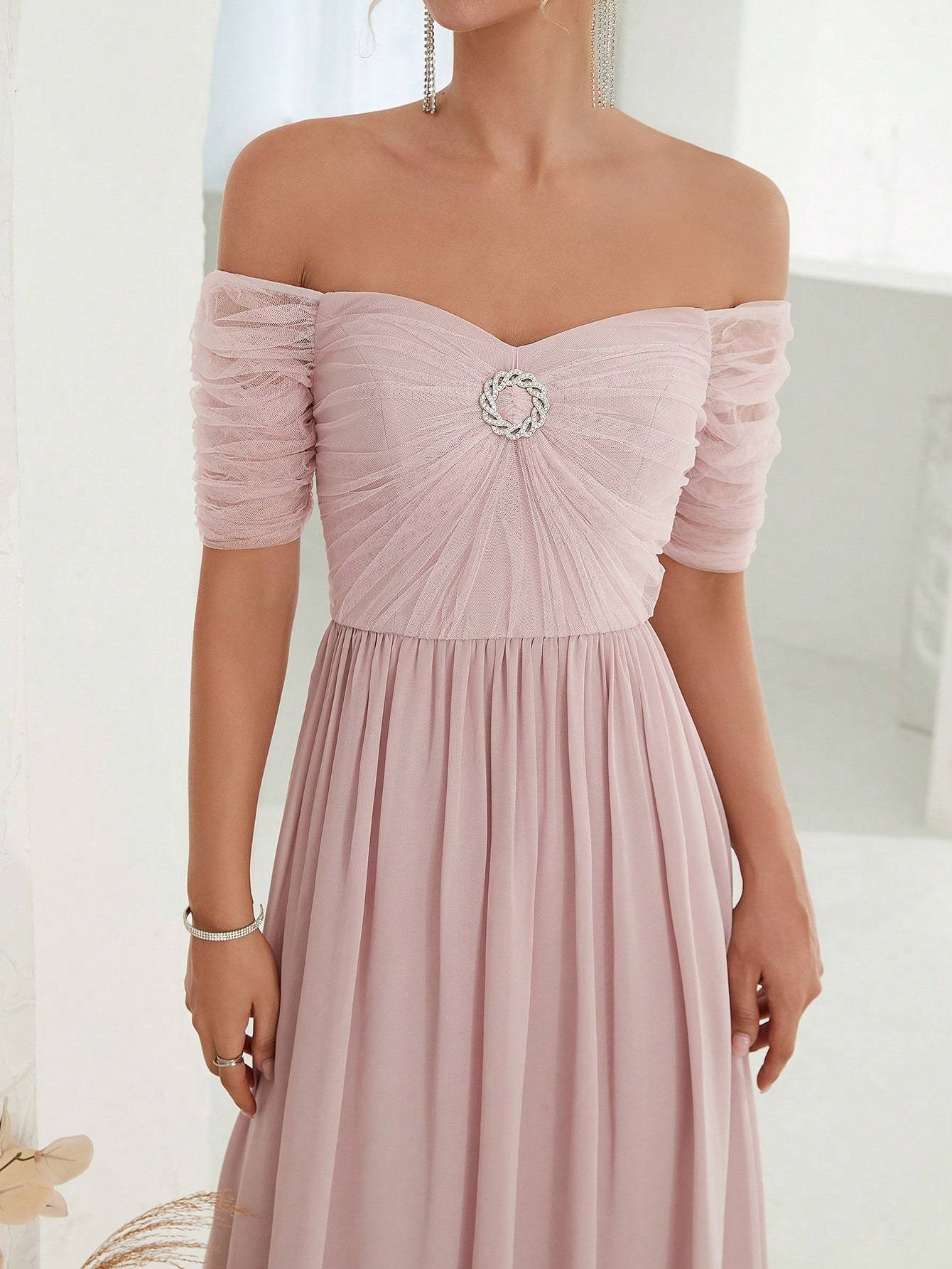 Leely Elegant Off The Shoulder Short Sleeve Chiffon Party Dress