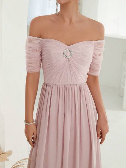 Leely Elegant Off The Shoulder Short Sleeve Chiffon Party Dress