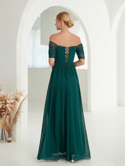 Leely Elegant Off The Shoulder Short Sleeve Chiffon Party Dress