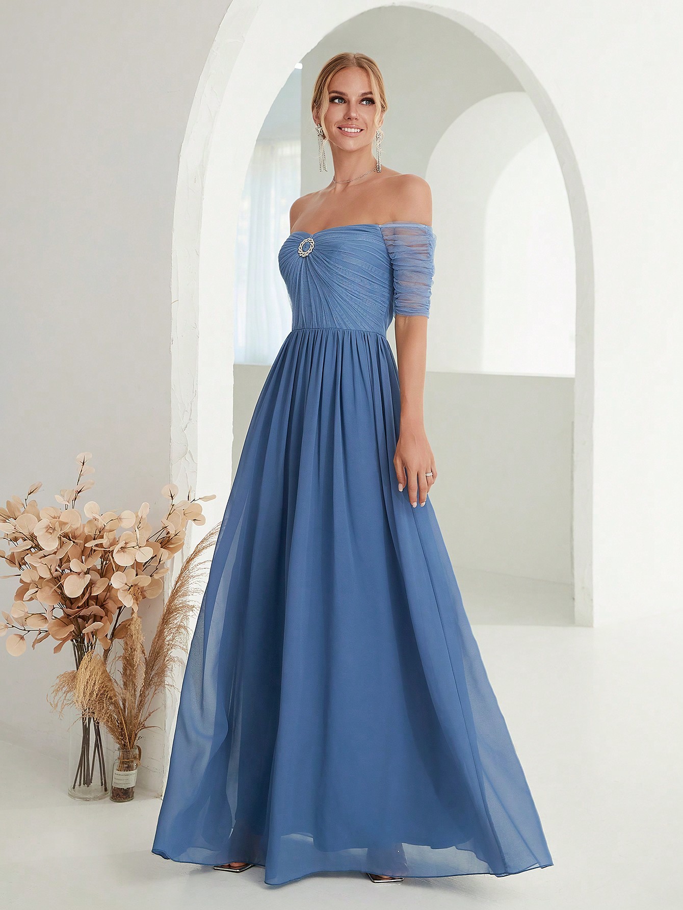 Leely Elegant Off The Shoulder Short Sleeve Chiffon Party Dress