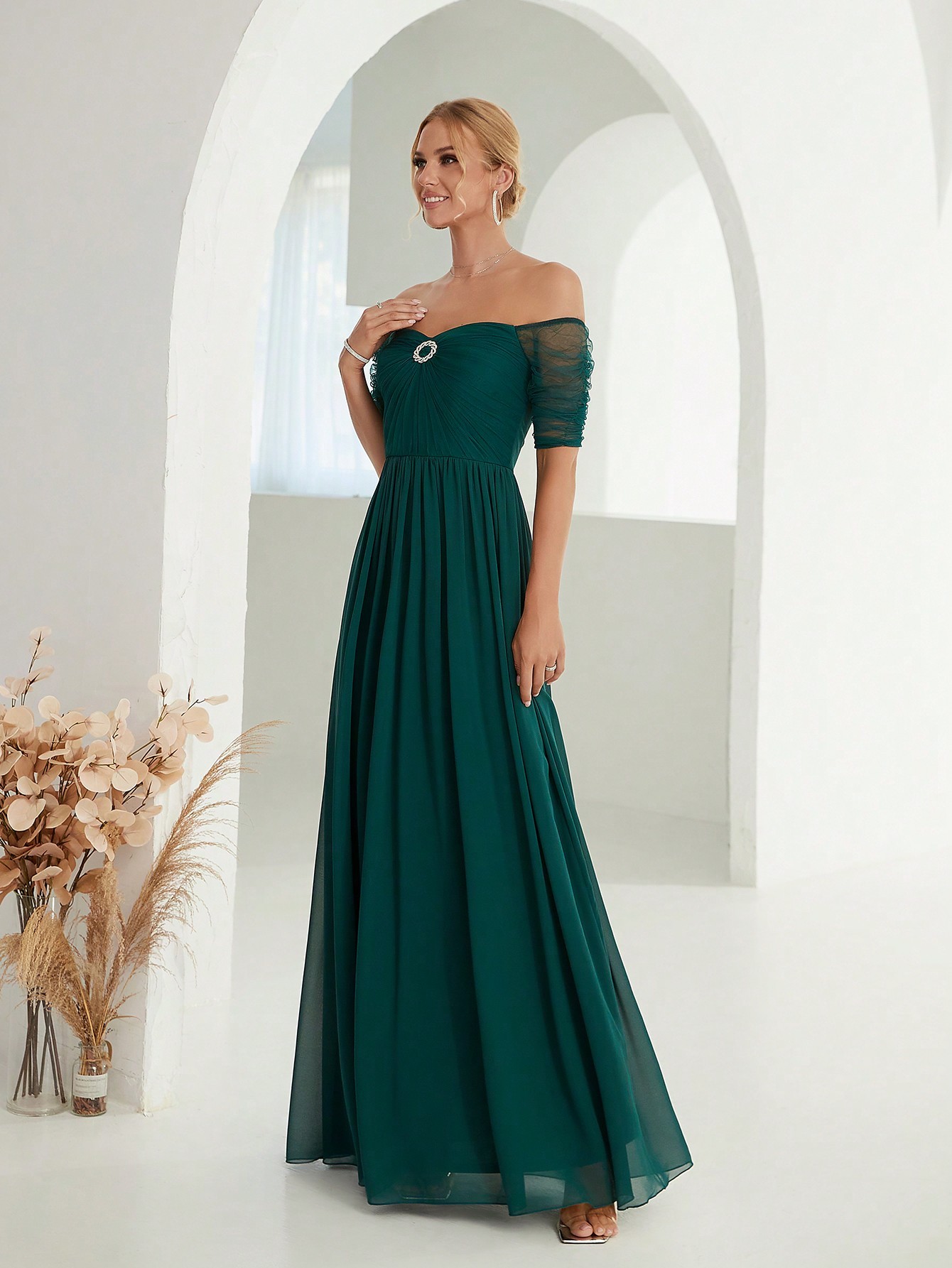 Leely Elegant Off The Shoulder Short Sleeve Chiffon Party Dress
