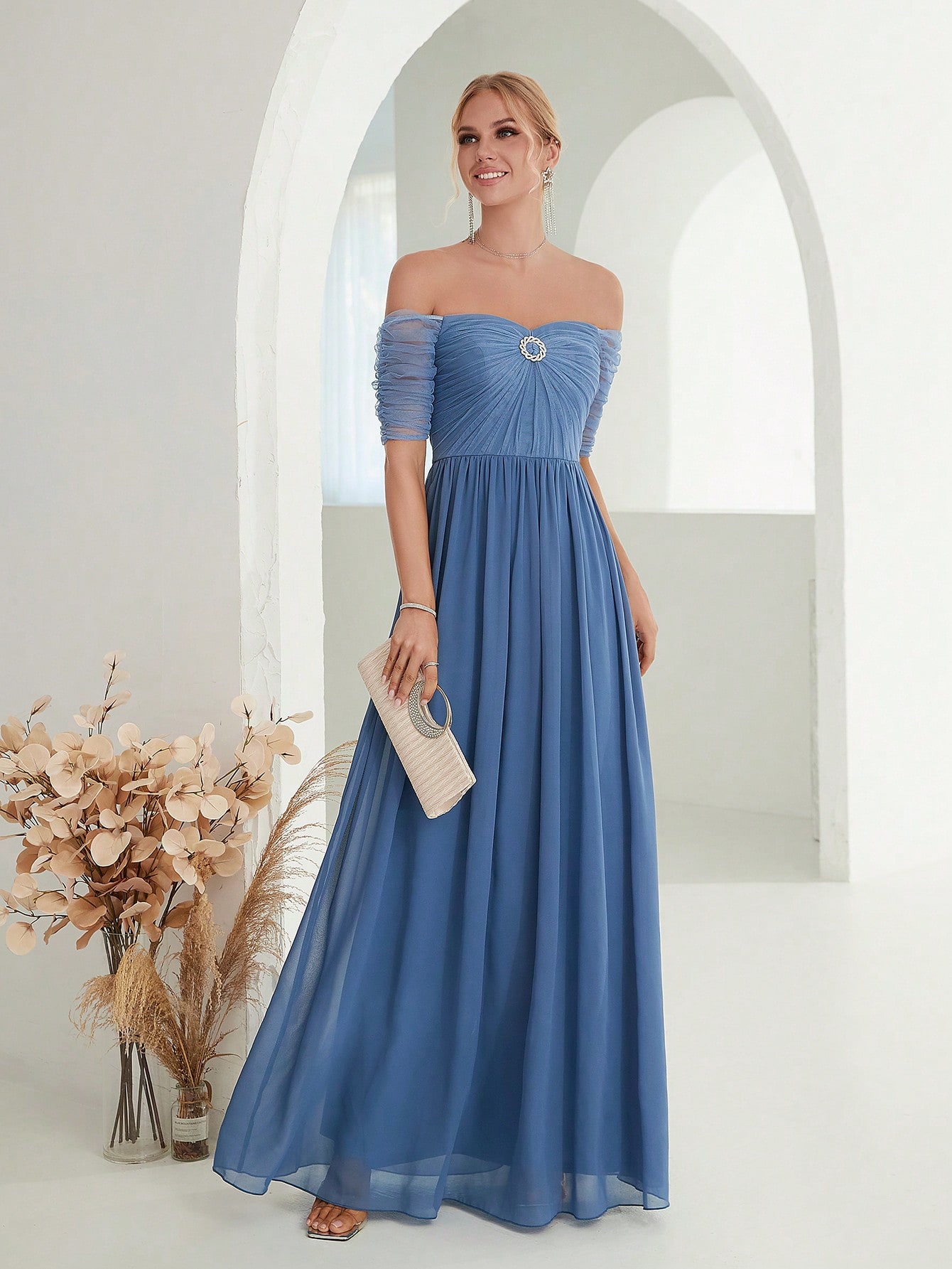 Leely Elegant Off The Shoulder Short Sleeve Chiffon Party Dress