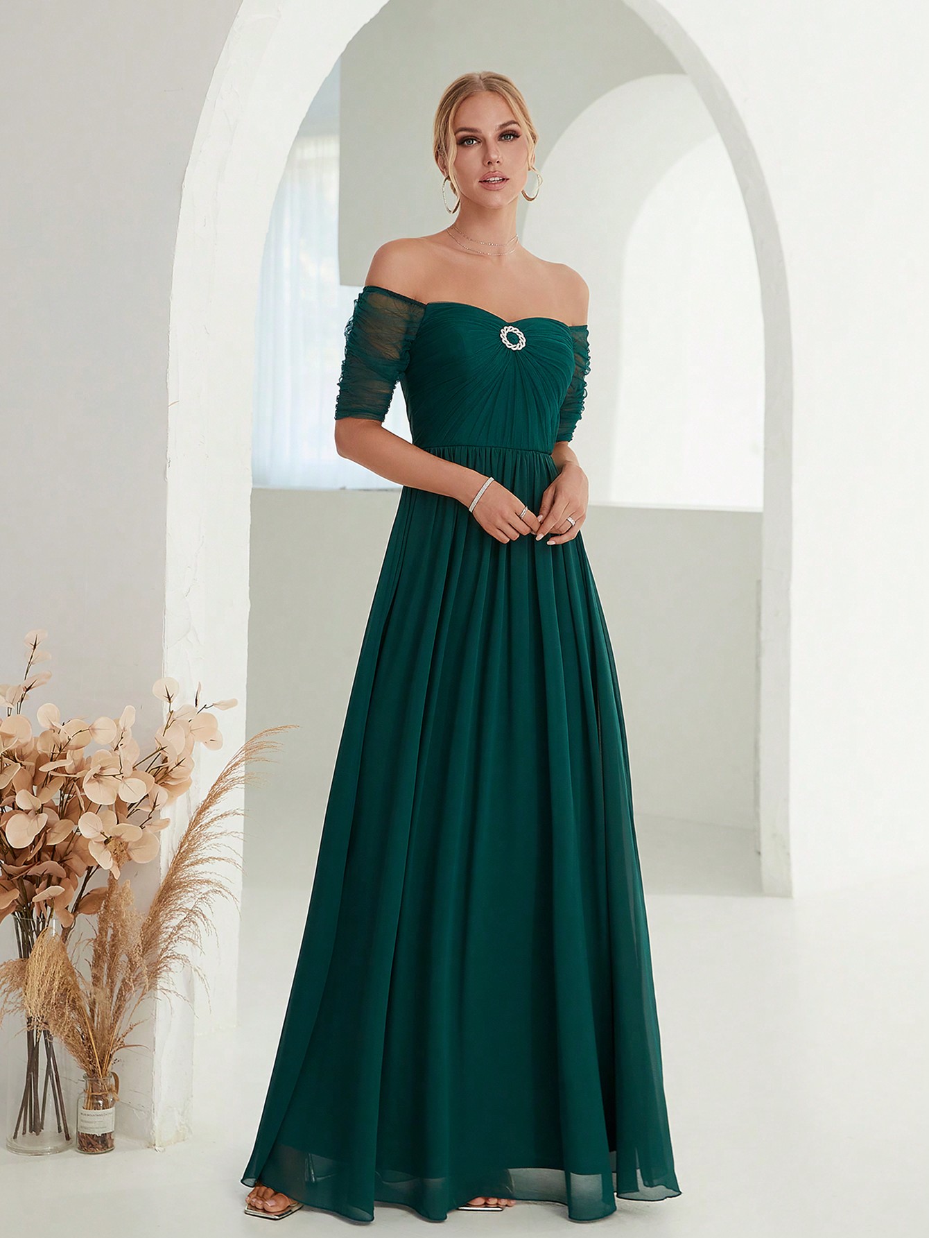 Leely Elegant Off The Shoulder Short Sleeve Chiffon Party Dress