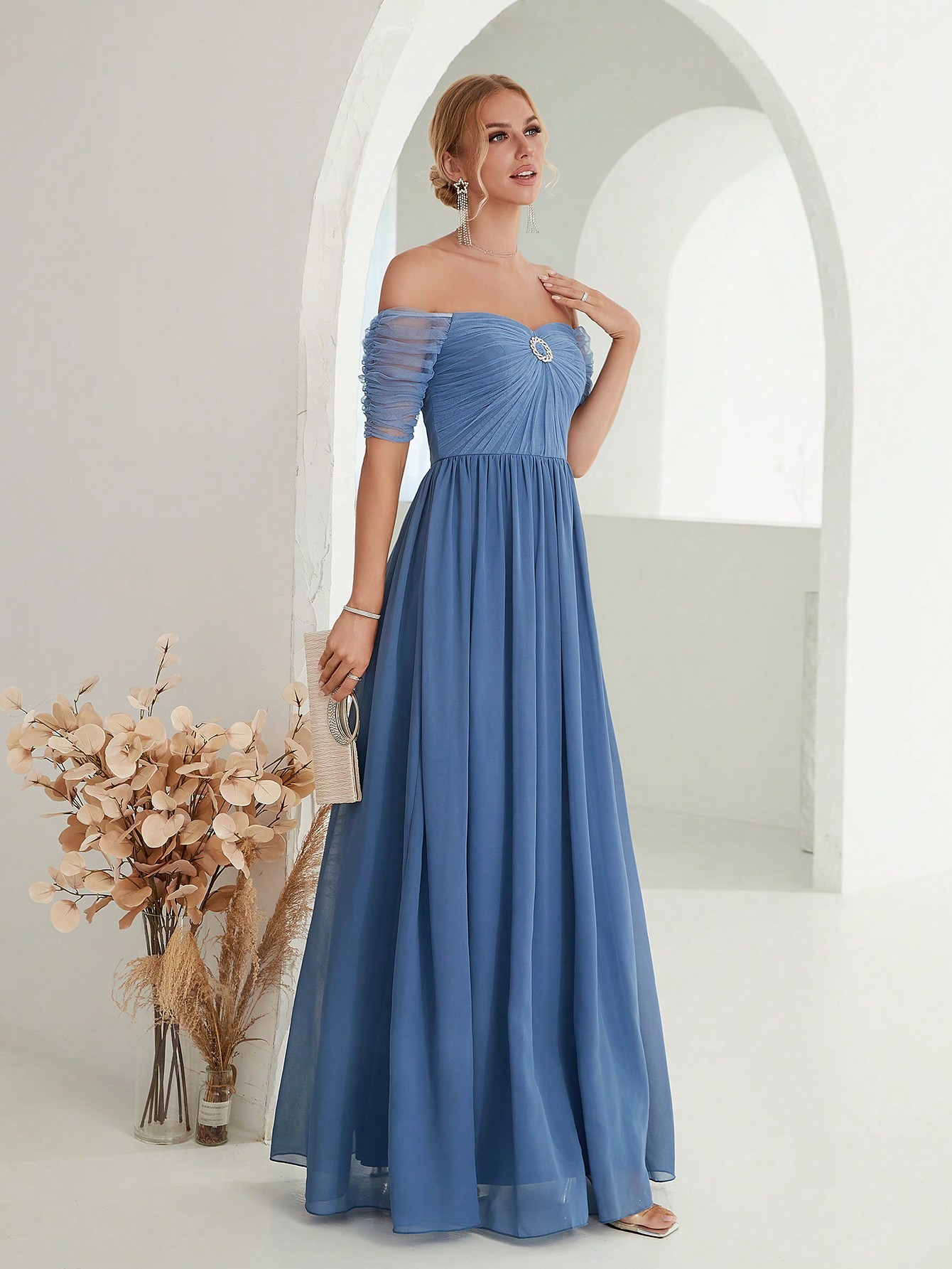 Leely Elegant Off The Shoulder Short Sleeve Chiffon Party Dress