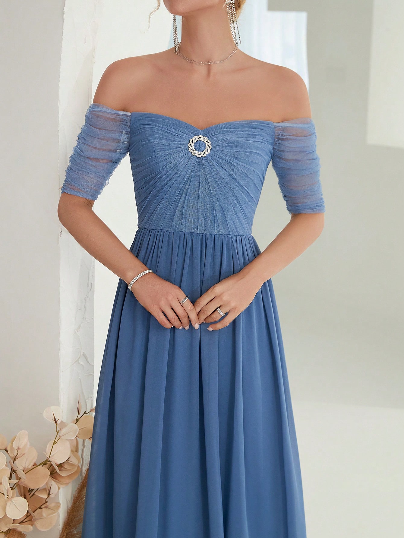 Leely Elegant Off The Shoulder Short Sleeve Chiffon Party Dress