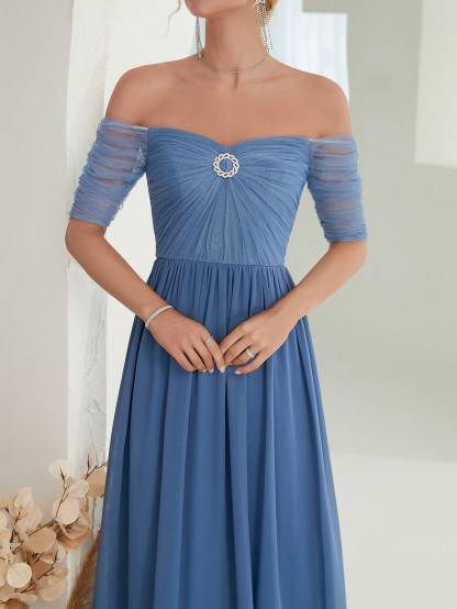 Leely Elegant Off The Shoulder Short Sleeve Chiffon Party Dress