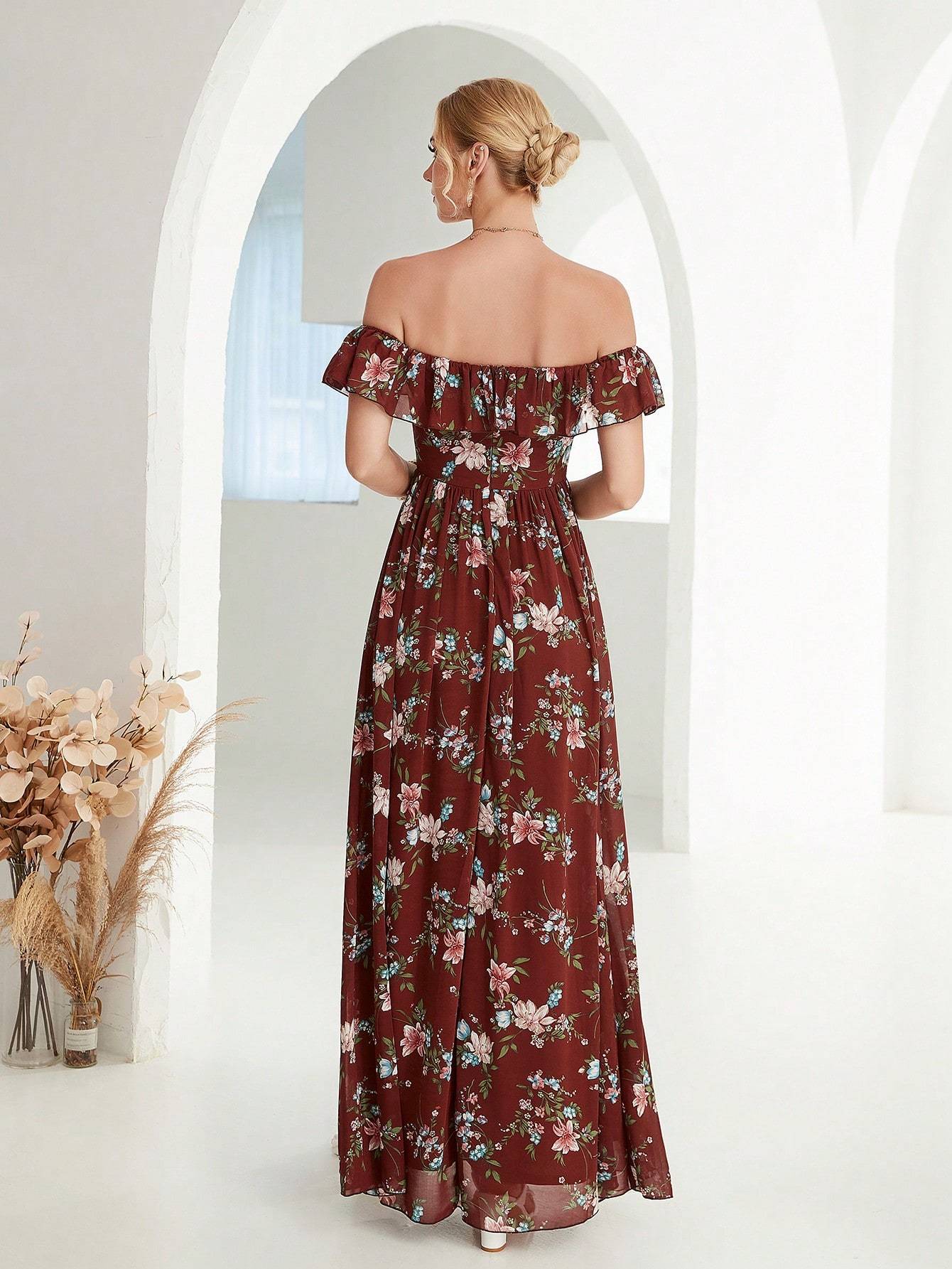 Leely Women's Elegant Off‑the‑Shoulder Sleeveless Print Party Dress