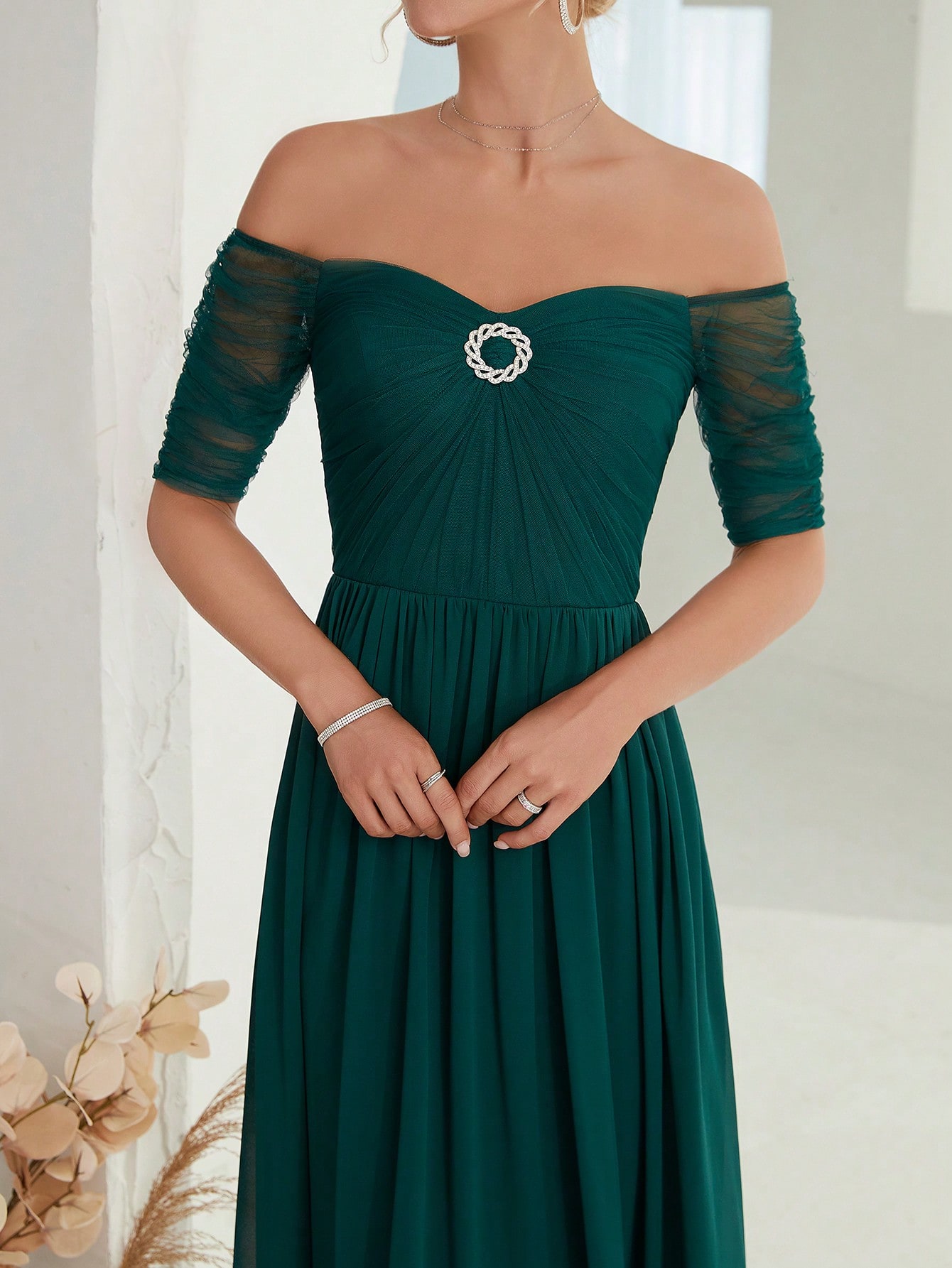 Leely Elegant Off The Shoulder Short Sleeve Chiffon Party Dress