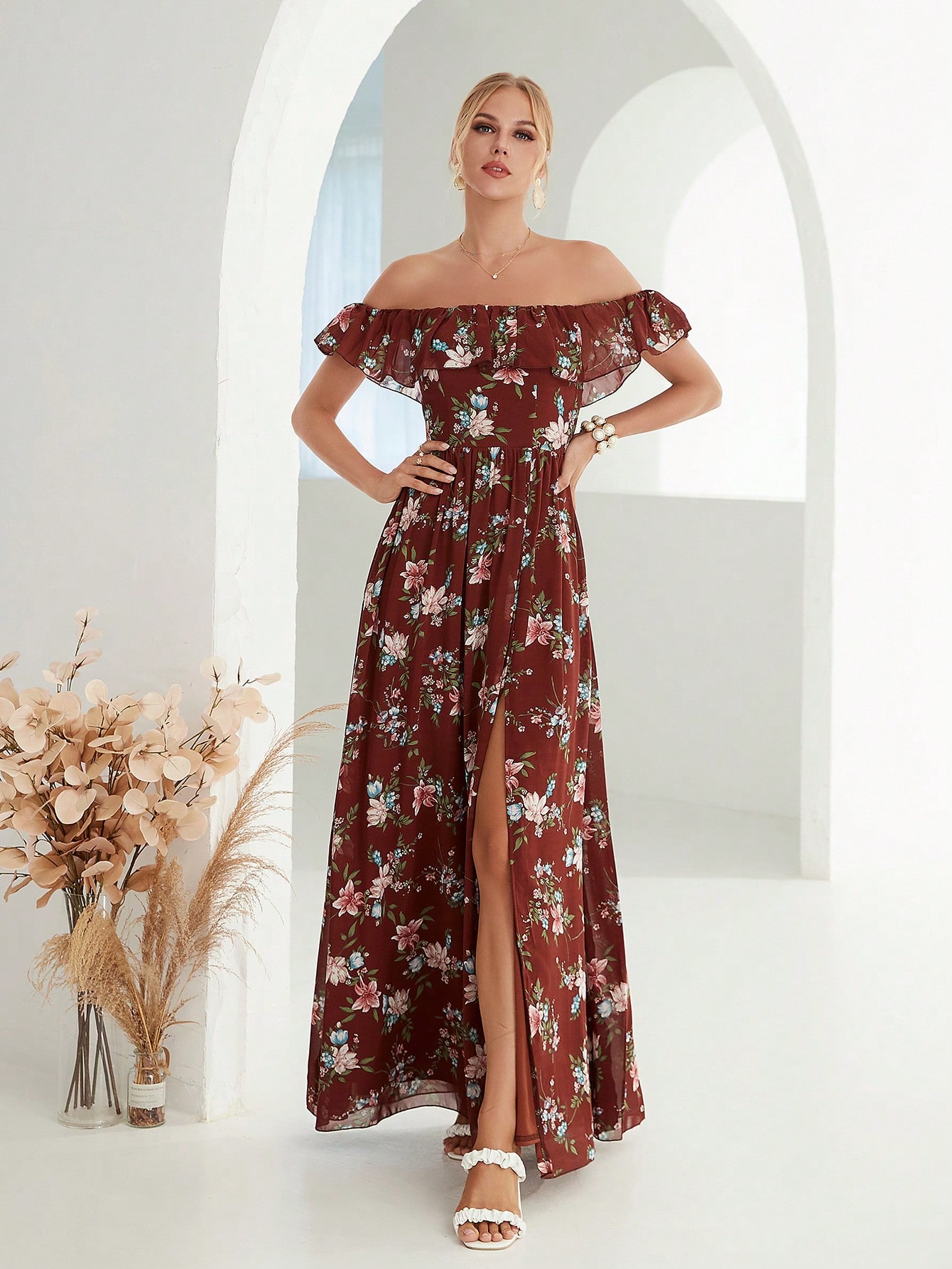Leely Women's Elegant Off‑the‑Shoulder Sleeveless Print Party Dress