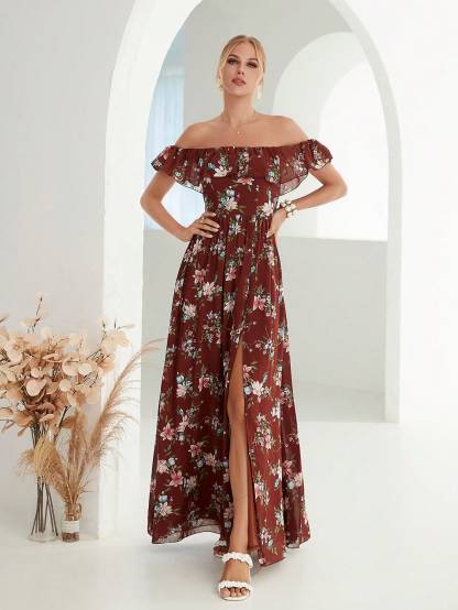 Leely Women's Elegant Off‑the‑Shoulder Sleeveless Print Party Dress