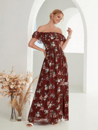 Leely Women's Elegant Off‑the‑Shoulder Sleeveless Print Party Dress
