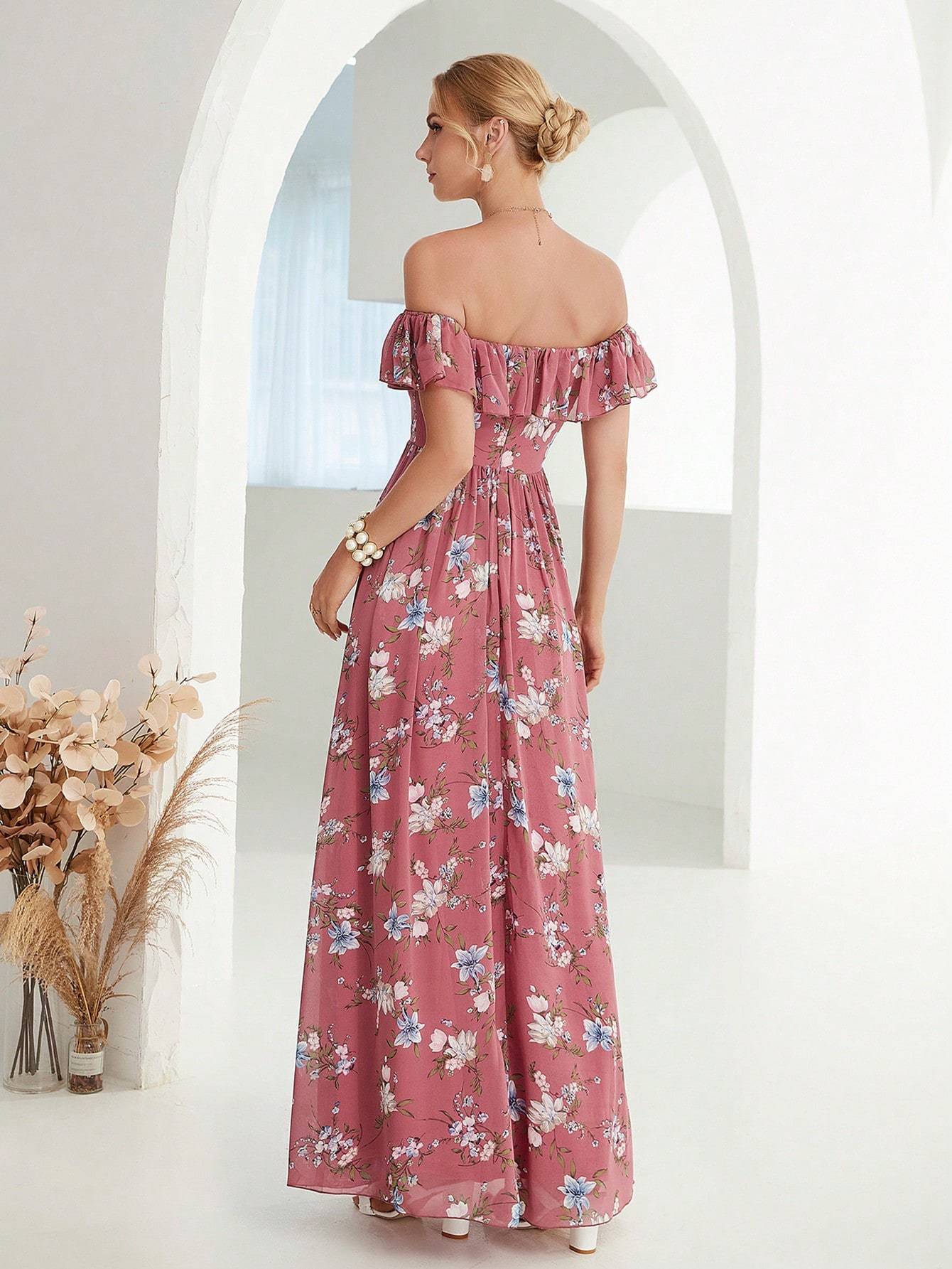 Leely Women's Elegant Off‑the‑Shoulder Sleeveless Print Party Dress