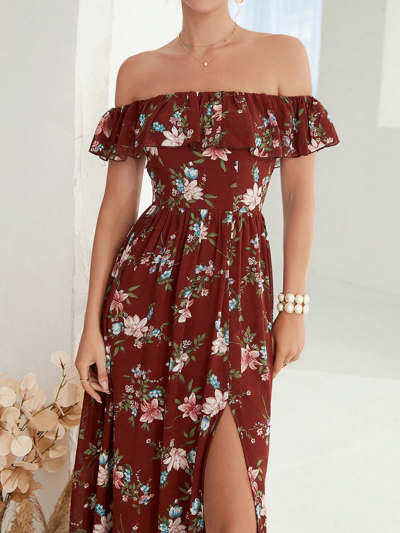 Leely Women's Elegant Off‑the‑Shoulder Sleeveless Print Party Dress