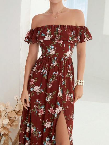 Leely Women's Elegant Off‑the‑Shoulder Sleeveless Print Party Dress