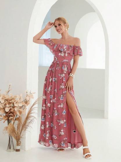 Leely Women's Elegant Off‑the‑Shoulder Sleeveless Print Party Dress