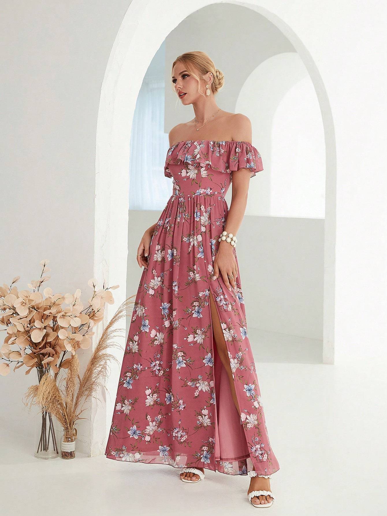 Leely Women's Elegant Off‑the‑Shoulder Sleeveless Print Party Dress