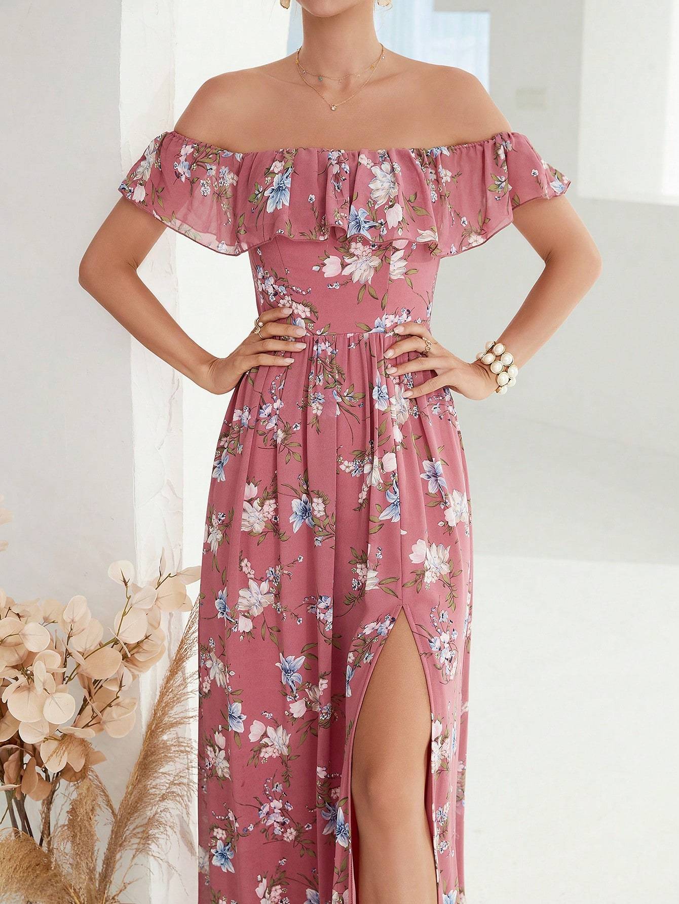Leely Women's Elegant Off‑the‑Shoulder Sleeveless Print Party Dress