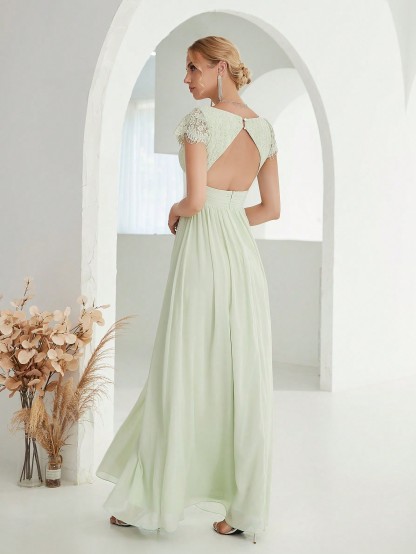 Leely Elegant V Neck Cap Sleeve A-line Party Dress