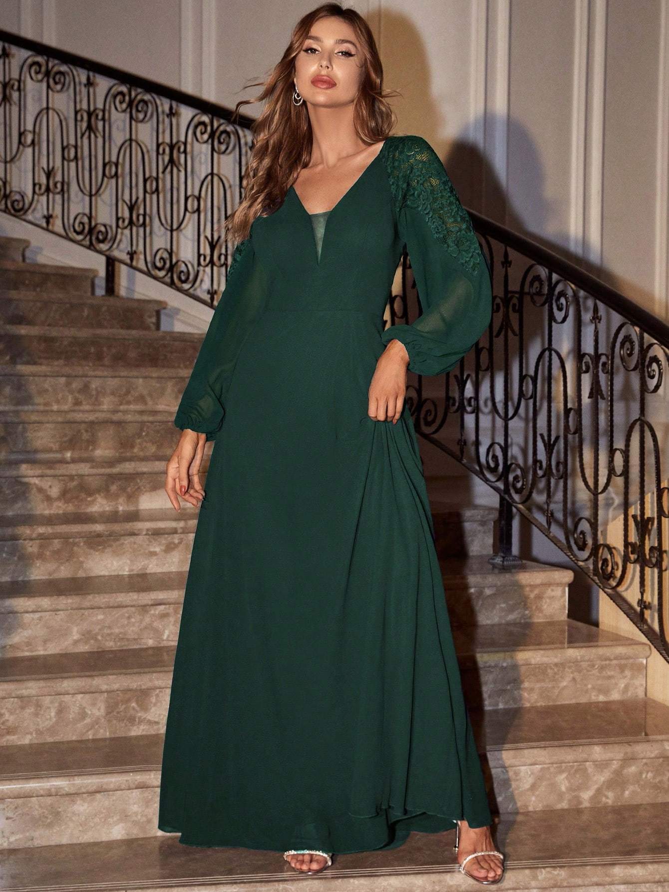 Leely Elegant V Neck Bishop Sleeve A-line Party Dress