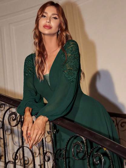 Leely Elegant V Neck Bishop Sleeve A-line Party Dress