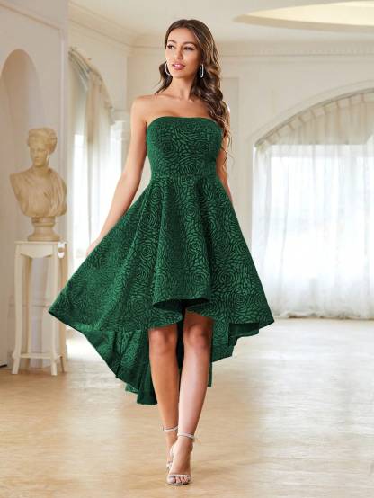 Leely Elegant Strapless Sleeveless A-line High-Low Hem Party Dress
