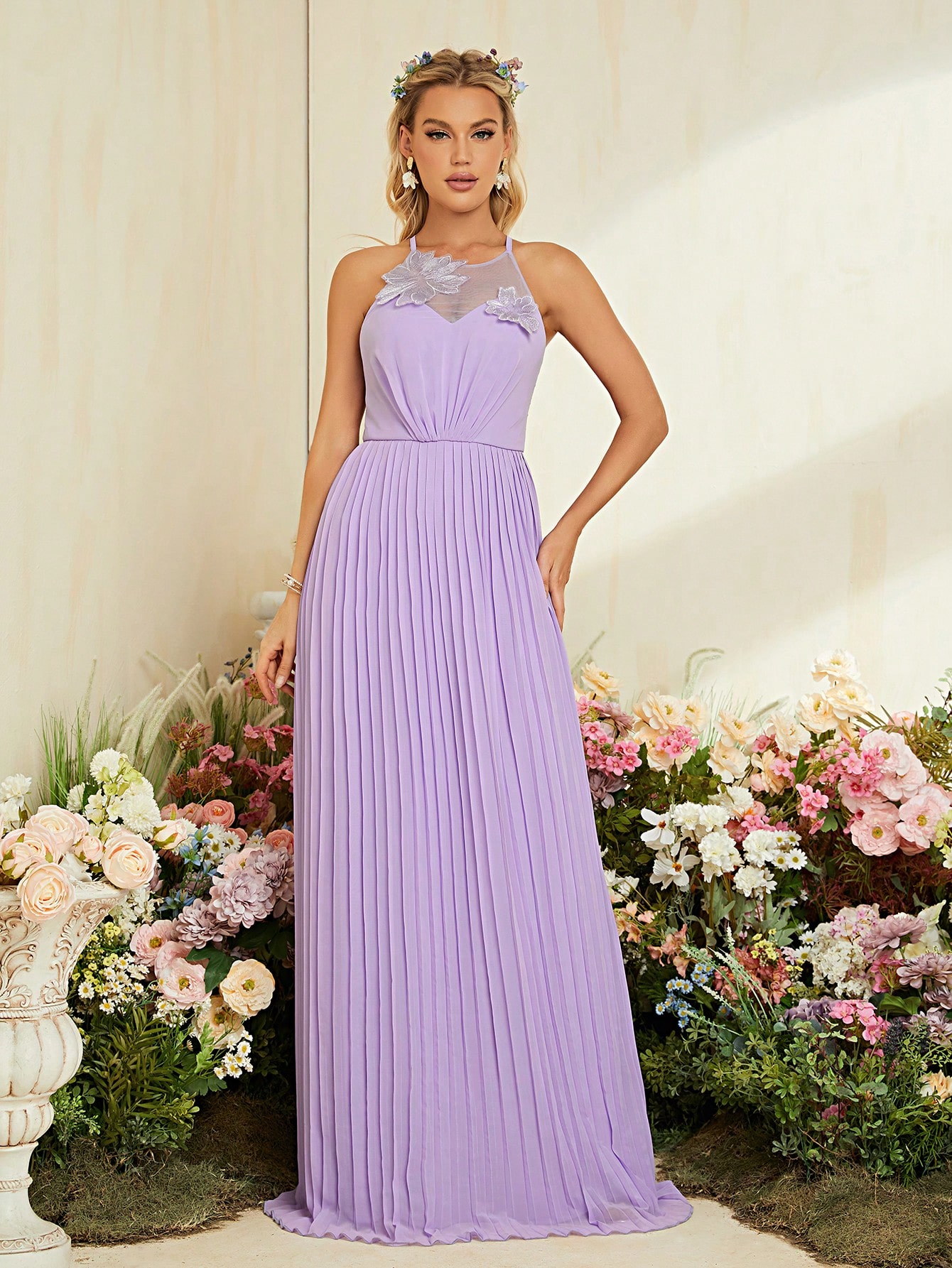 Leely Lavender Chiffon Pleated A-Line Bridesmaid Dress with Lace-Up Back