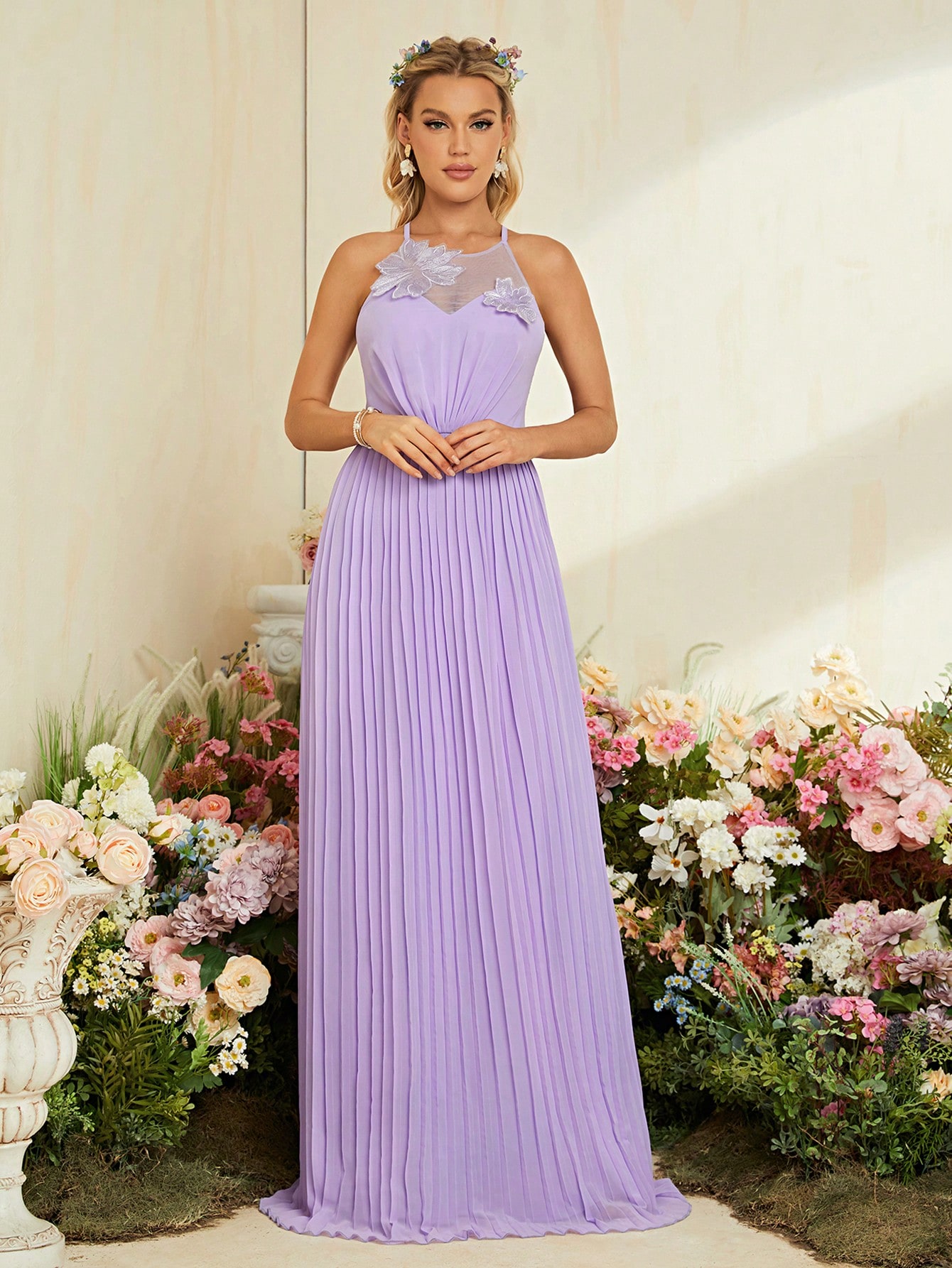 Leely Lavender Chiffon Pleated A-Line Bridesmaid Dress with Lace-Up Back