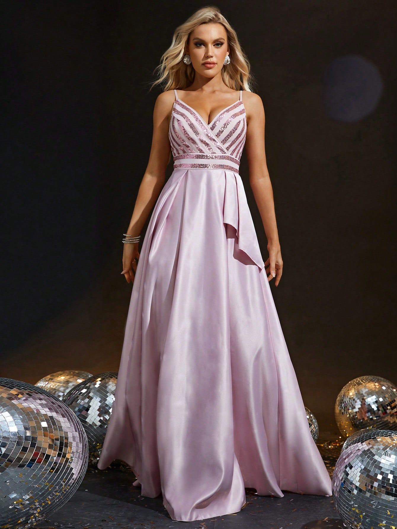 Leely Spaghetti Strap V-Neck Formal Evening Gown with Ruffle Detail