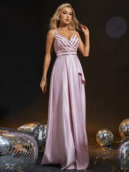 Leely Spaghetti Strap V-Neck Formal Evening Gown with Ruffle Detail