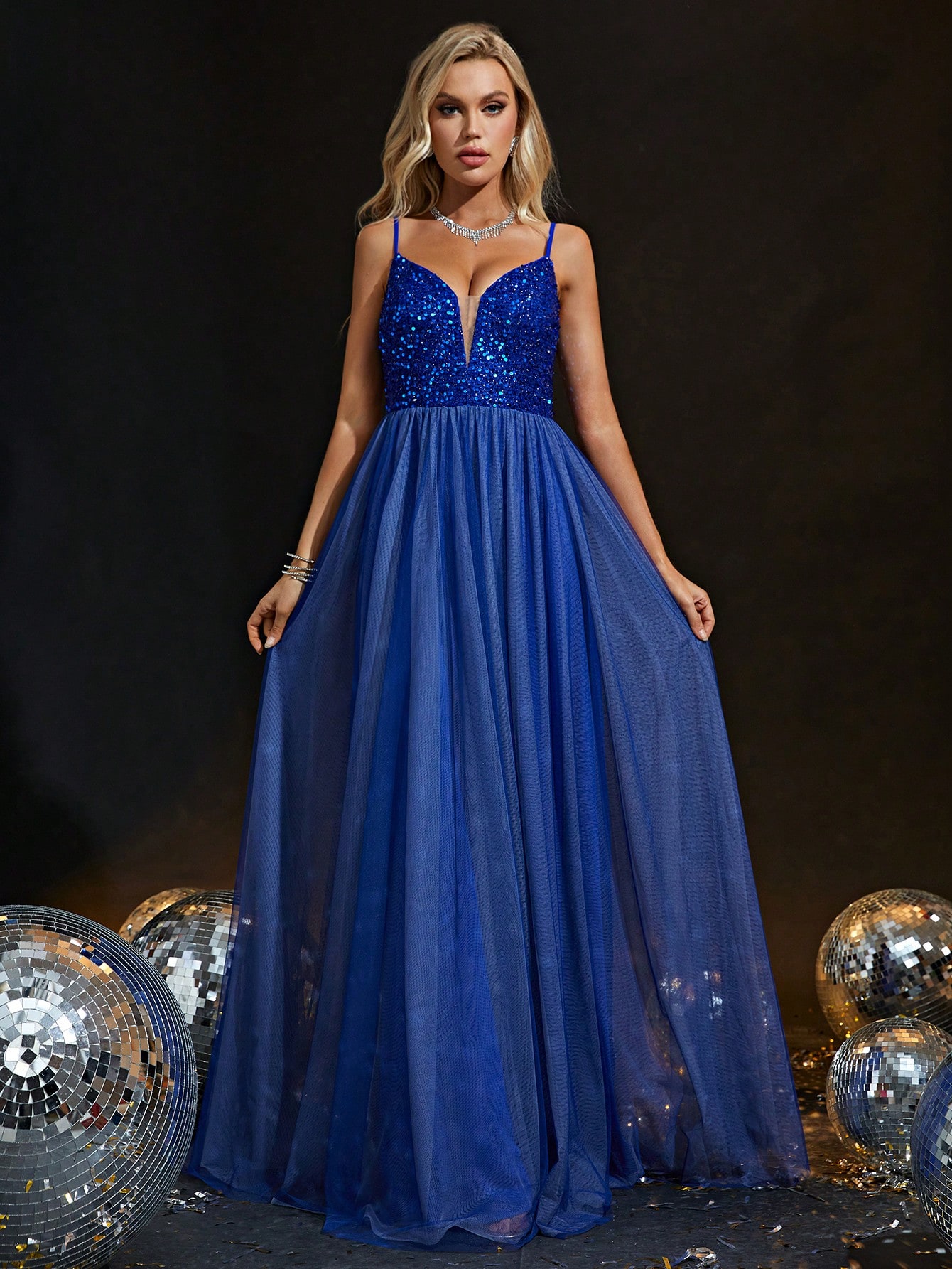 Leely Royal Blue Sequin Bodice Tulle A-Line Maxi Dress with Spaghetti Straps
