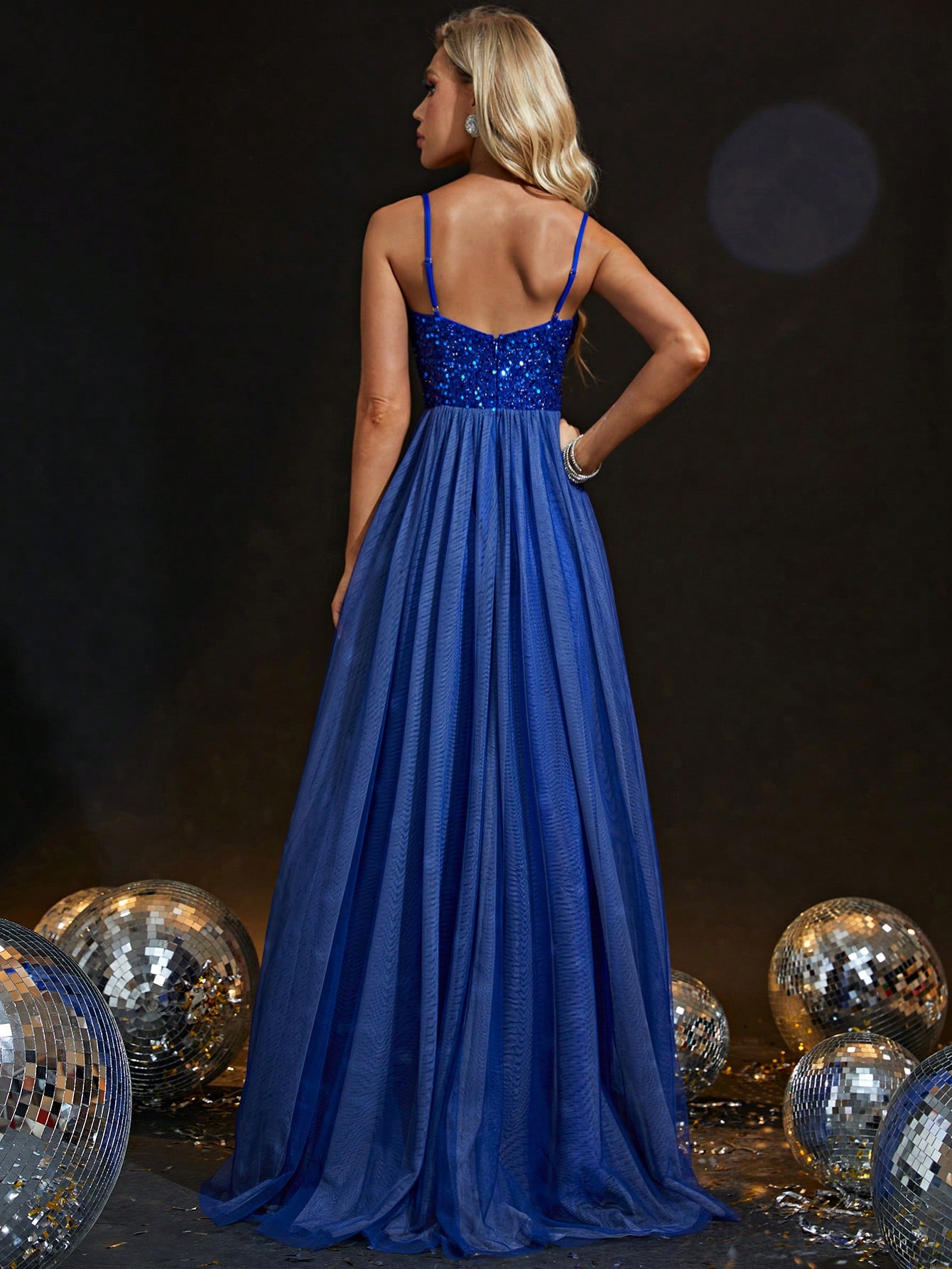 Leely Royal Blue Sequin Bodice Tulle A-Line Maxi Dress with Spaghetti Straps
