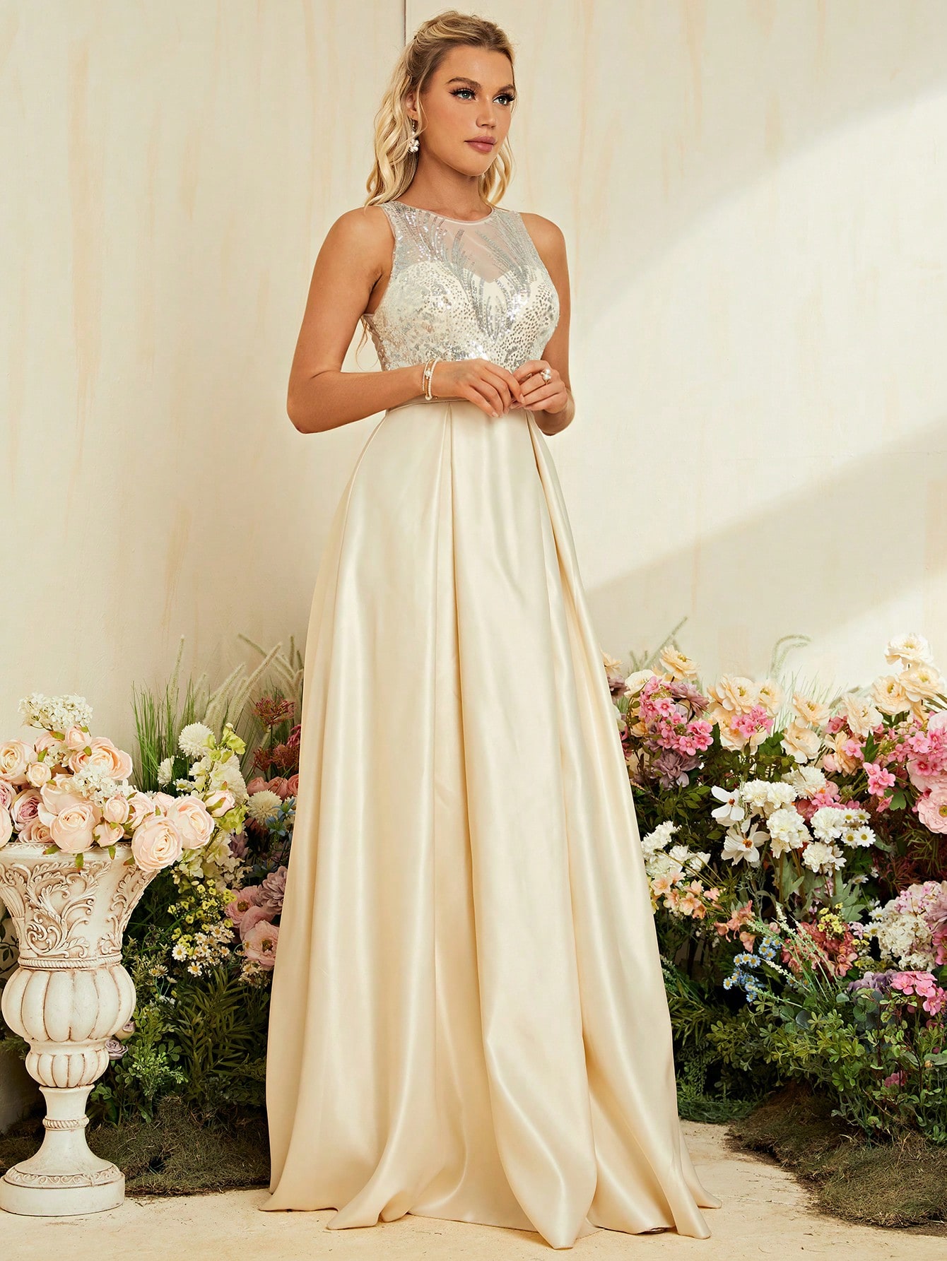 Leely Champagne Sequin & Satin A-Line Prom Dress with Keyhole Back