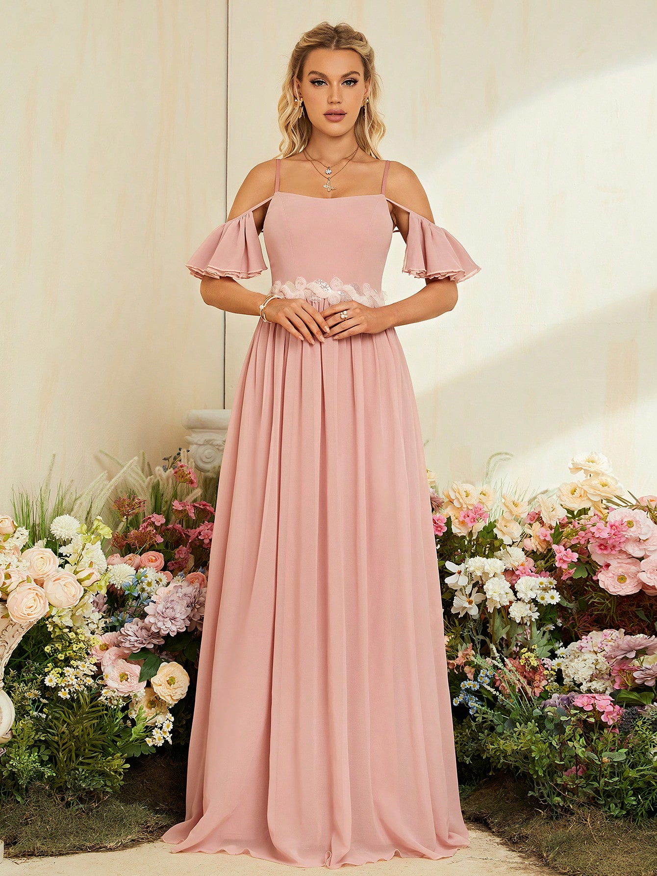 Leely Dusty Pink Off-the-Shoulder Chiffon Bridesmaid Dress