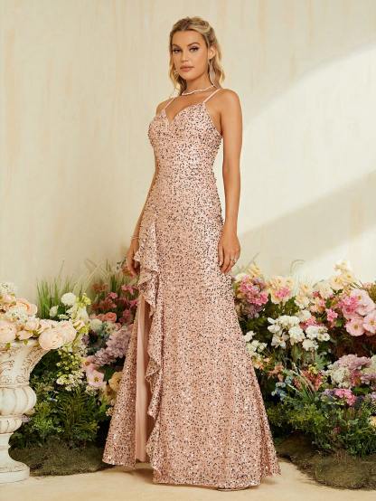 Leely Spaghetti Strap V-Neck Sparkly Evening Gown with High Slit