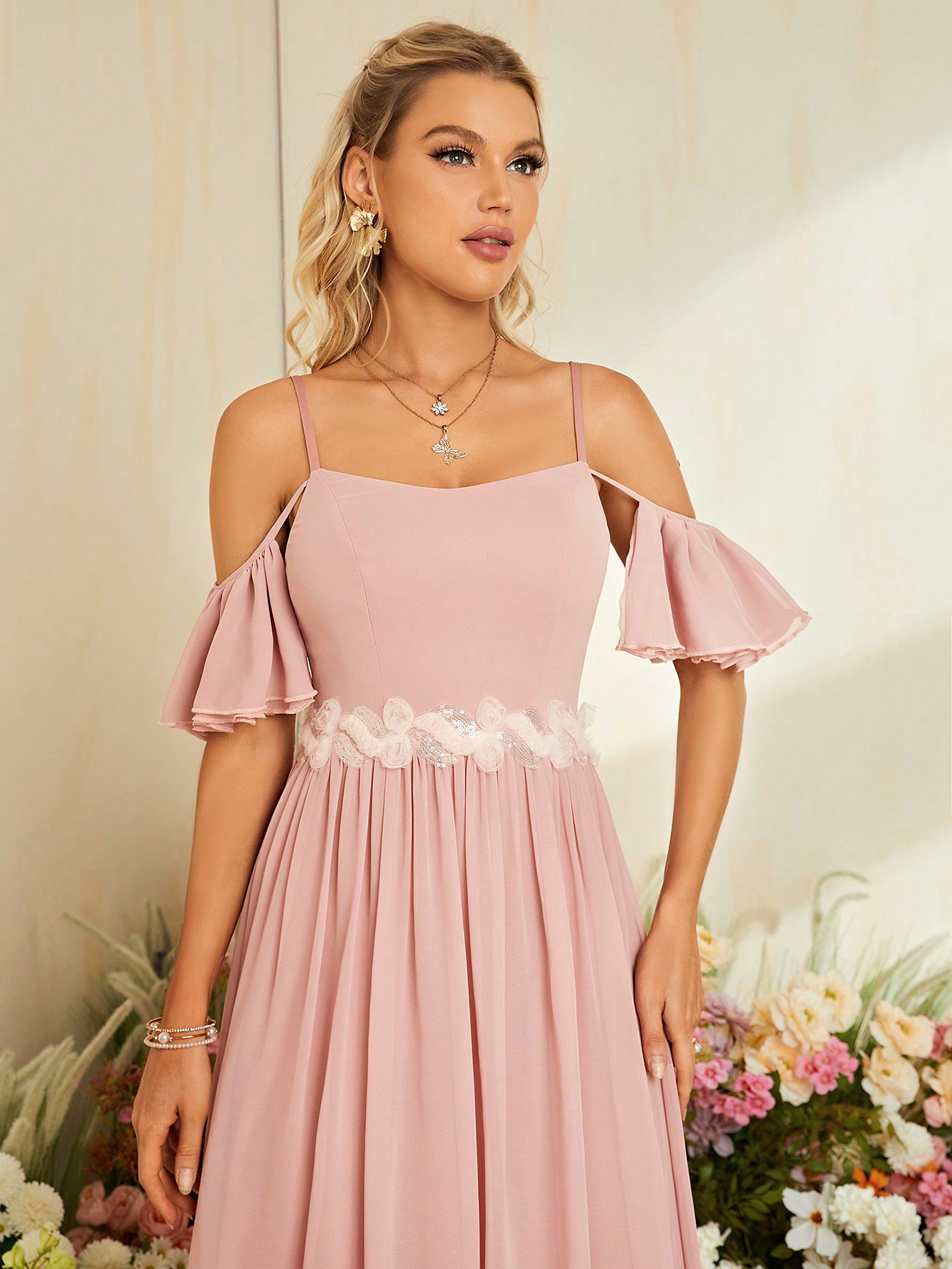 Leely Dusty Pink Off-the-Shoulder Chiffon Bridesmaid Dress