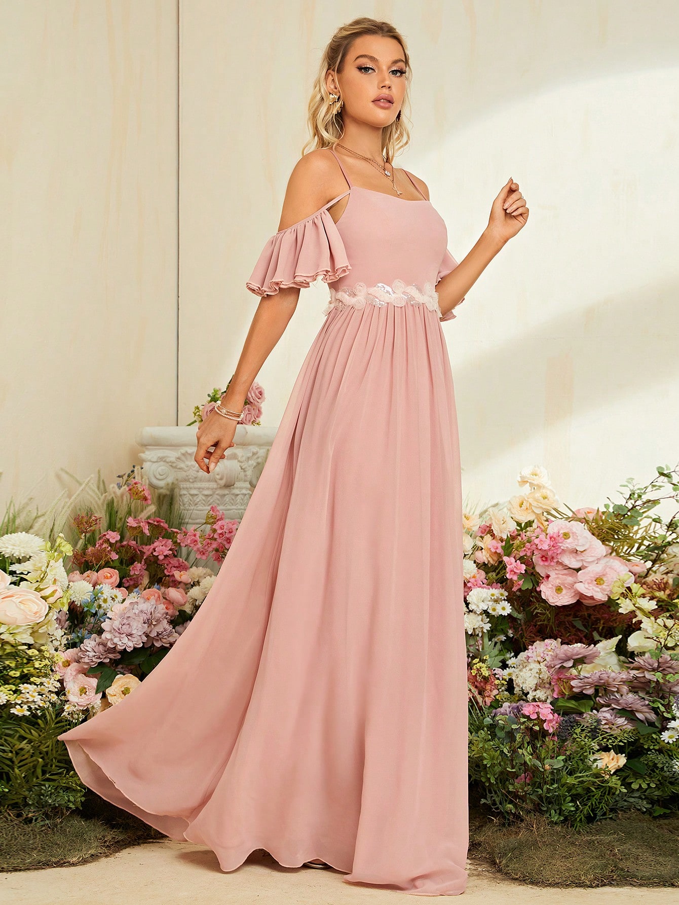 Leely Dusty Pink Off-the-Shoulder Chiffon Bridesmaid Dress