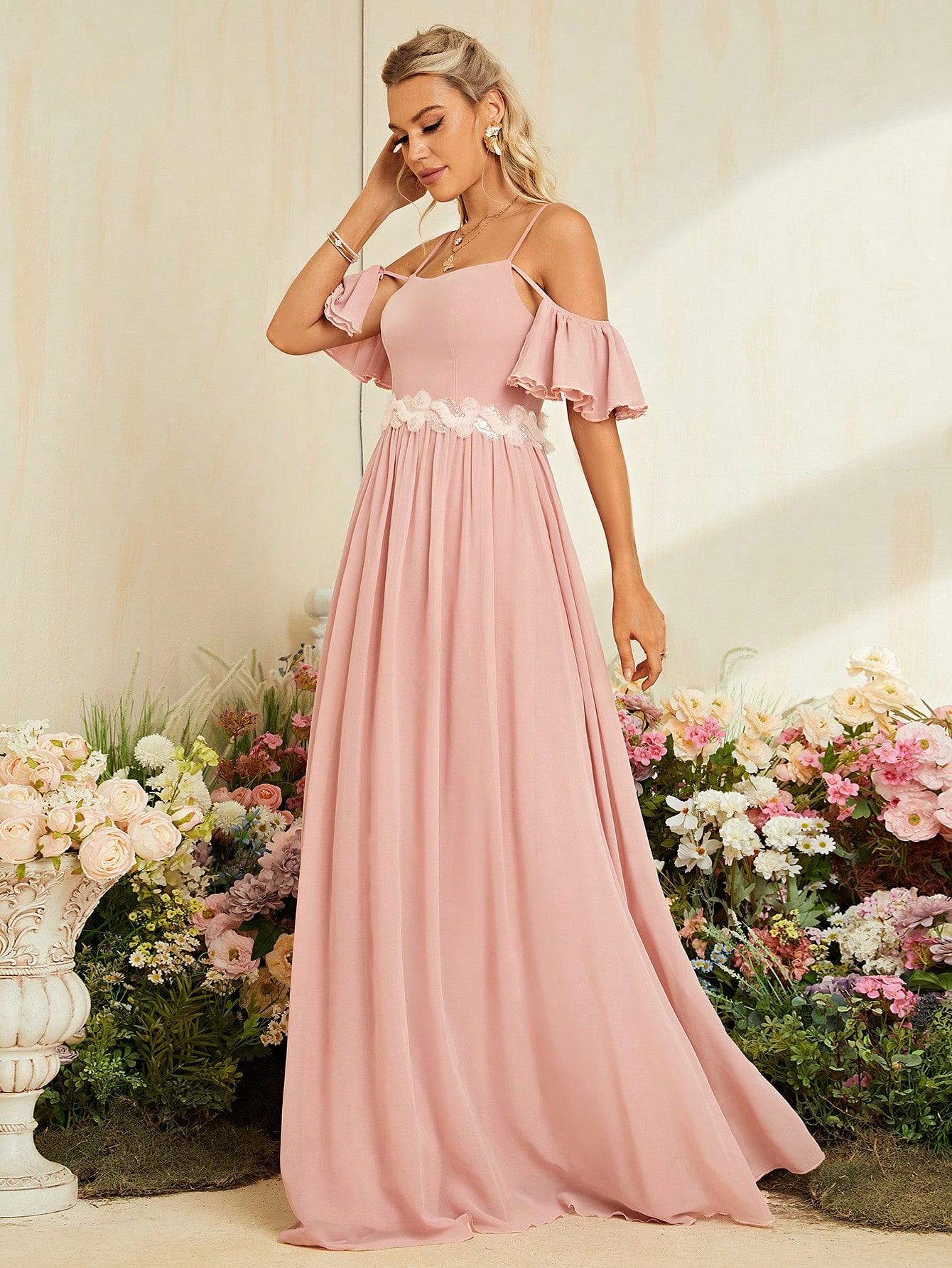 Leely Dusty Pink Off-the-Shoulder Chiffon Bridesmaid Dress