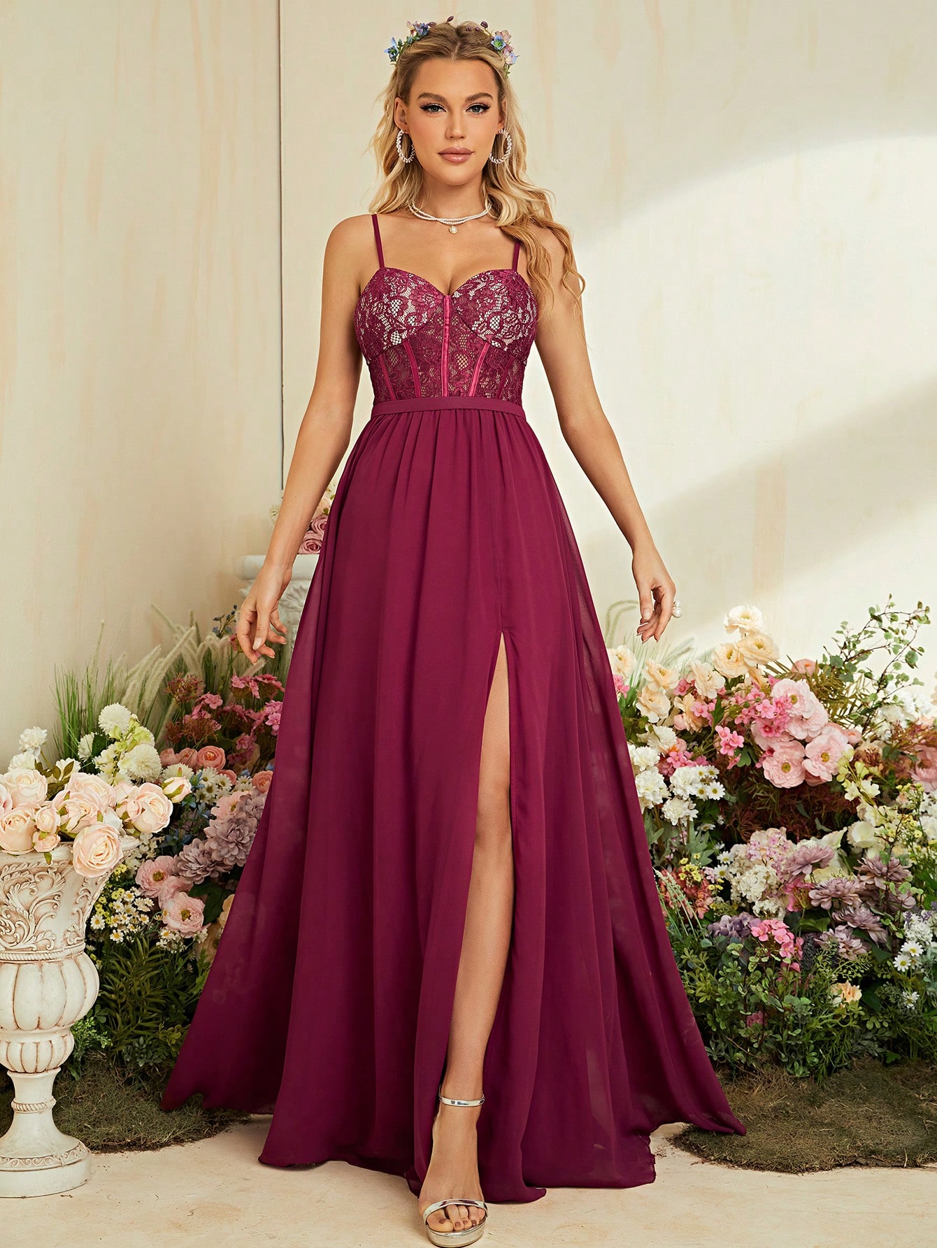 Leely Burgundy Lace Corset Chiffon A-Line Maxi Dress with High Slit