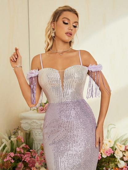 Leely Elegant Spaghetti Straps Cold Shoulder Party Dress
