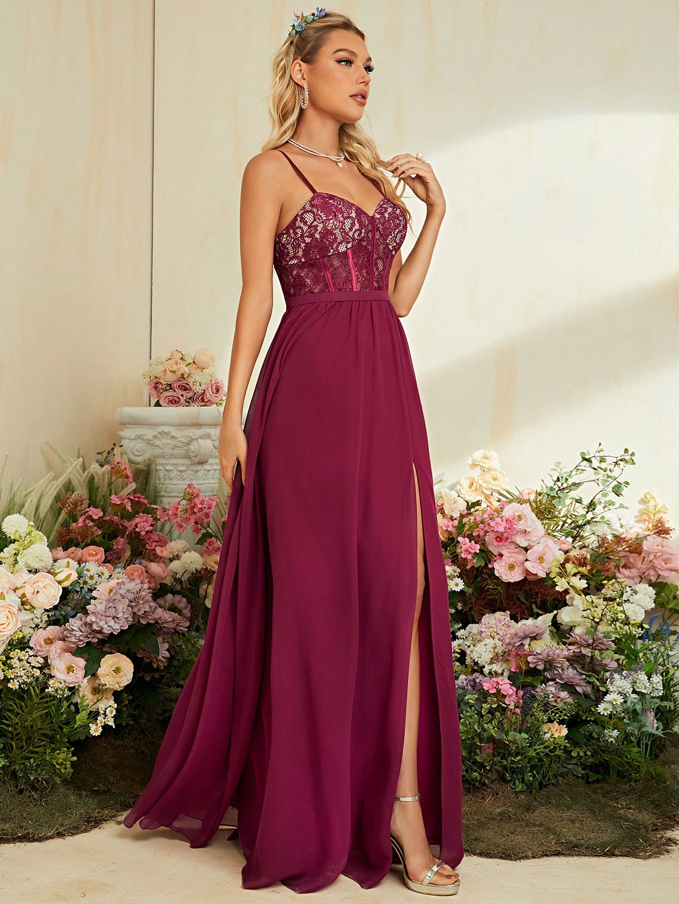 Leely Burgundy Lace Corset Chiffon A-Line Maxi Dress with High Slit