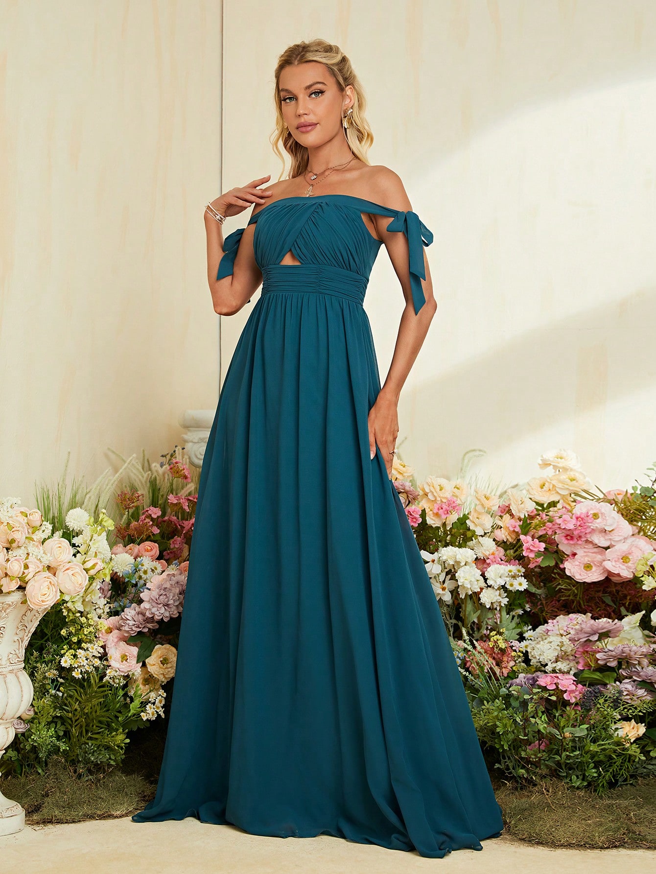 Leely Teal Off-the-Shoulder Chiffon Bridesmaid Dress with Bow Ties