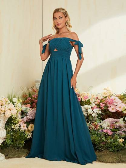 Leely Teal Off-the-Shoulder Chiffon Bridesmaid Dress with Bow Ties