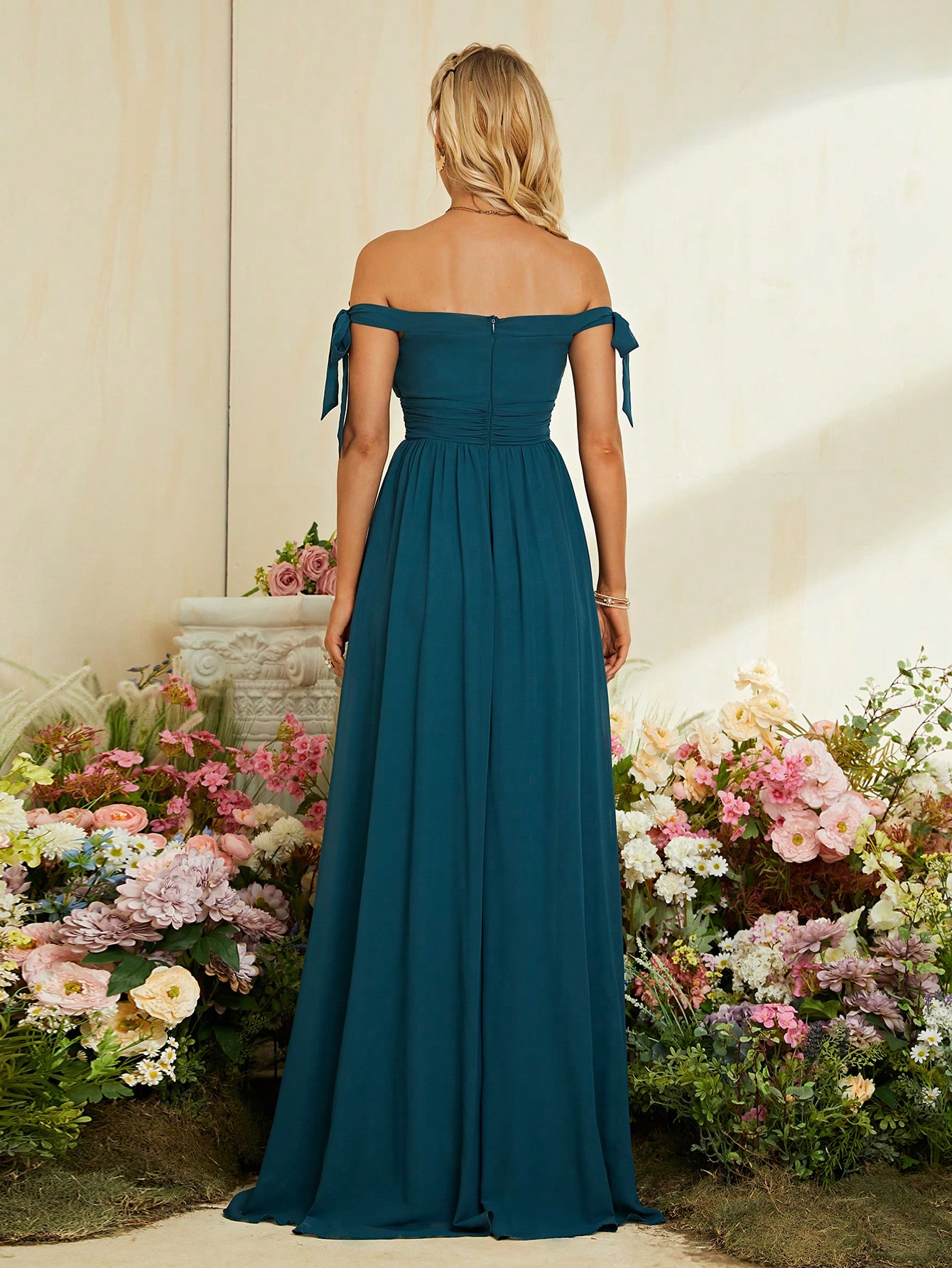 Leely Teal Off-the-Shoulder Chiffon Bridesmaid Dress with Bow Ties