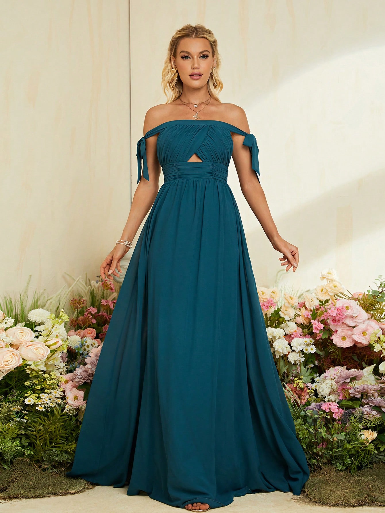 Leely Teal Off-the-Shoulder Chiffon Bridesmaid Dress with Bow Ties